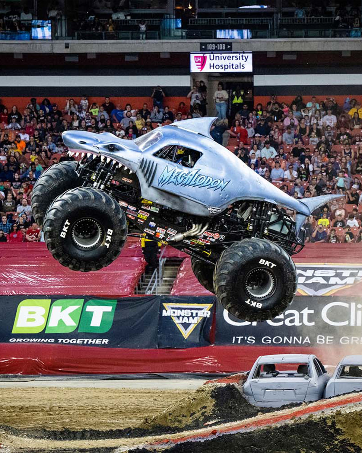 Monster truck in air at Huntington Bank Field for Monster Jam